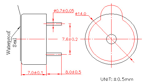 Passive Piezo Buzzer PW14070P8-10C(9V)-4000-F Structure Diagram