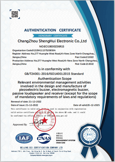 active piezo buzzer ISO Certificate